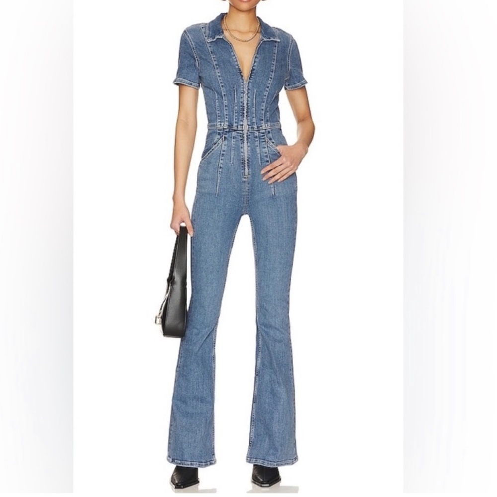 Free People We The Free Jayde Denim Flare Leg Zip Up Jumpsuit Size XS